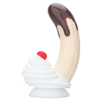 Side view of chocolate banana silicone dildo with dessert-inspired base