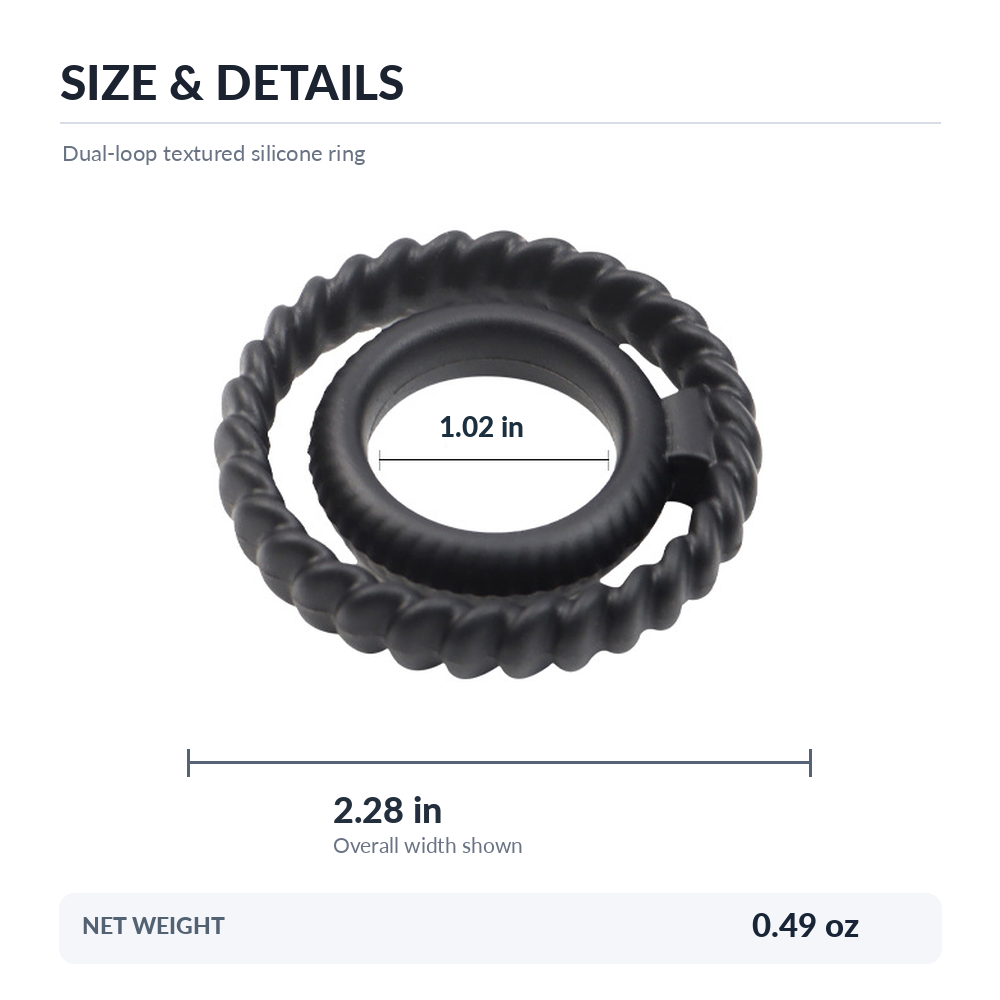Dual-loop silicone ring size guide: 1.02 inch smaller opening, 2.28 inch overall width, 0.49 oz
