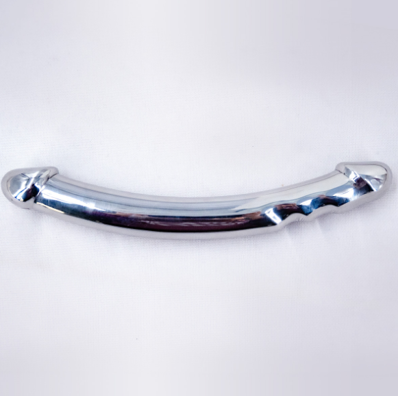 Full view of the curved metal wand showing the contoured end and shallow grip grooves