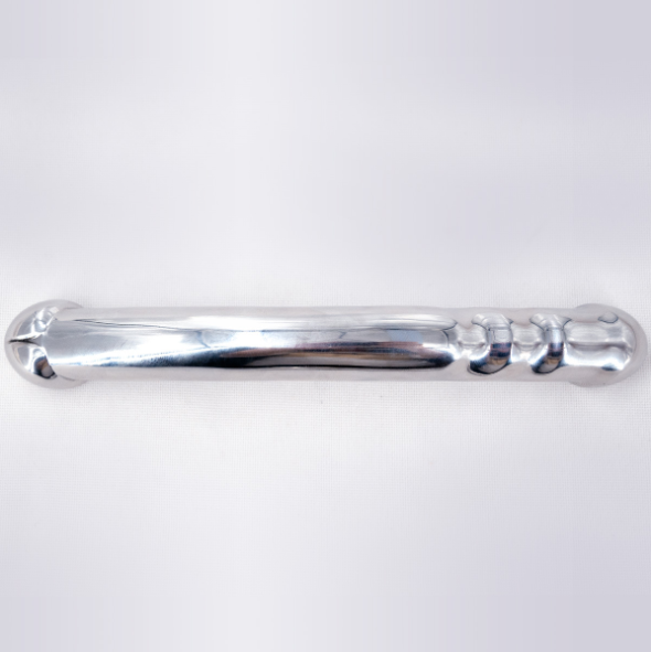Horizontal view of the silver curved double-ended wand highlighting its shallow finger grooves and reflective finish