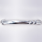 Horizontal view of the silver curved double-ended wand highlighting its shallow finger grooves and reflective finish