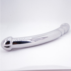 Reverse angled view of the silver curved double-ended metal wand showing its polished surface and rounded end