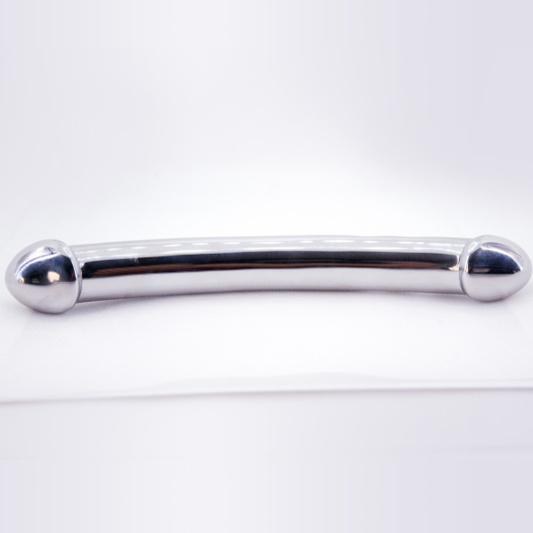 Full side profile of the curved silver metal massage wand showing its two rounded ends