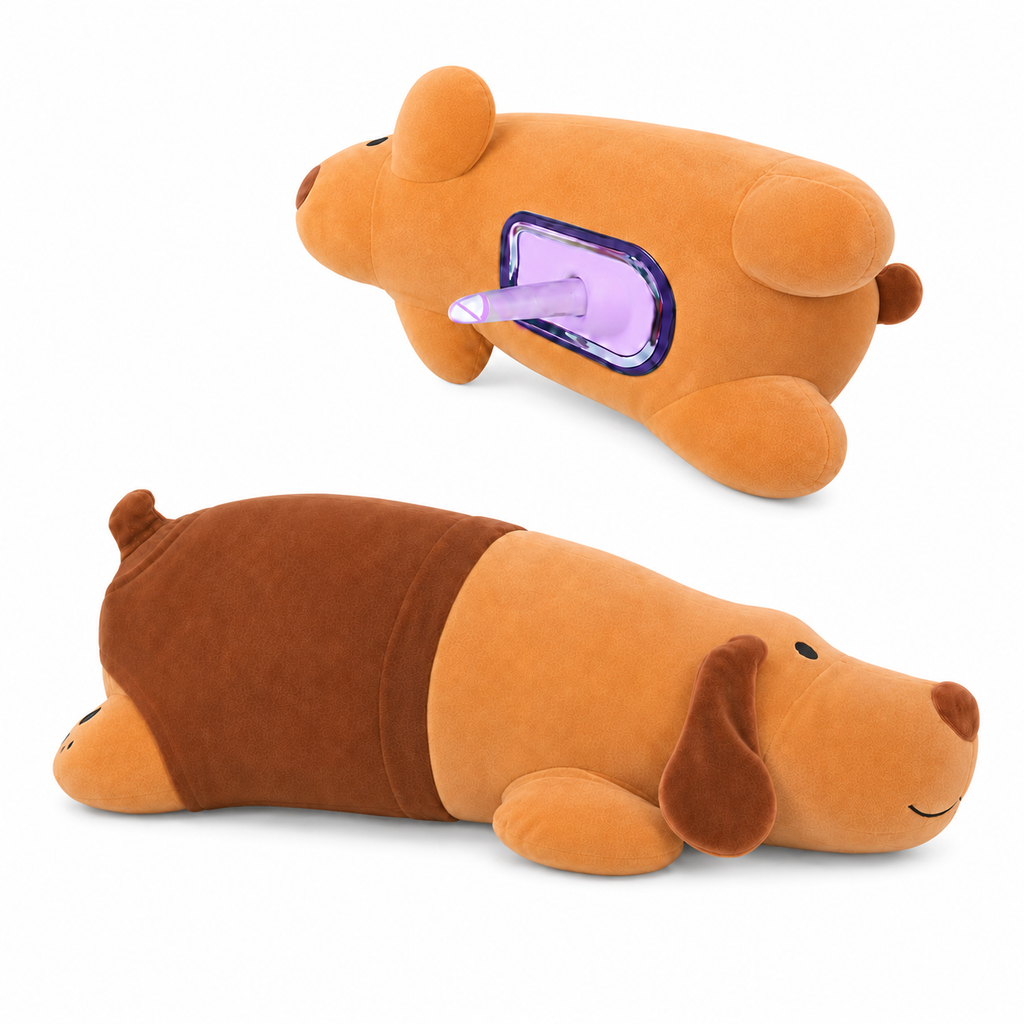 Dog plush pillow shown from the top and underside with concealed opening
