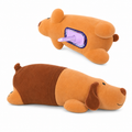 Dog plush pillow shown from the top and underside with concealed opening