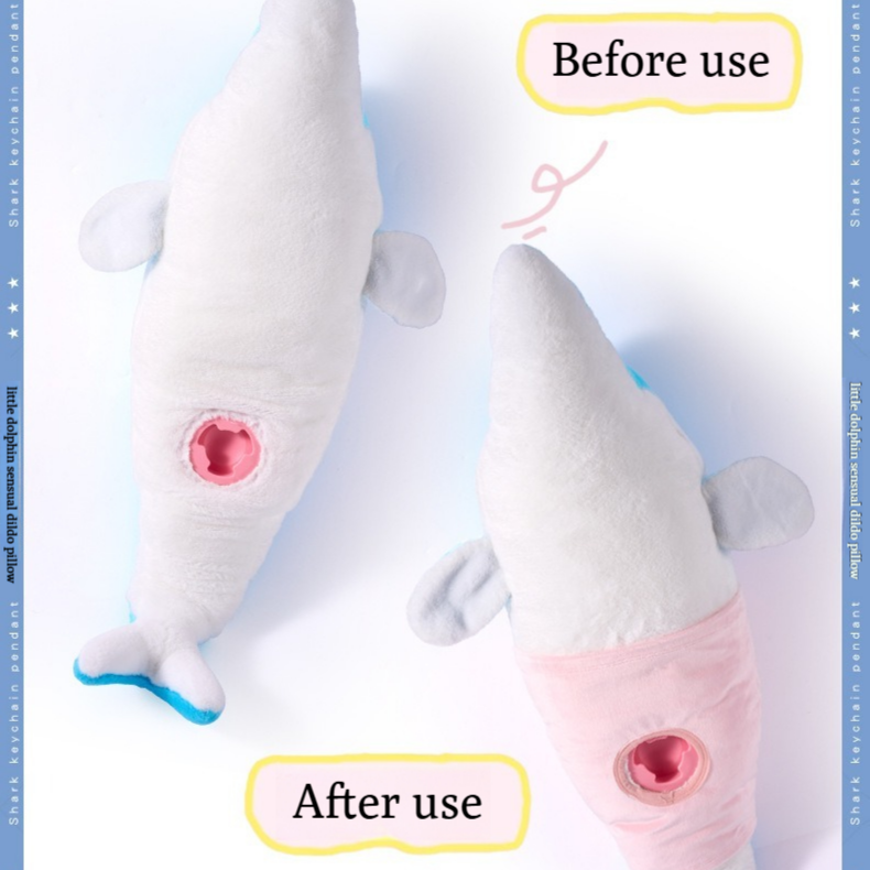 BlissEntry dolphin plush sex toy concealed opening shown before and after use