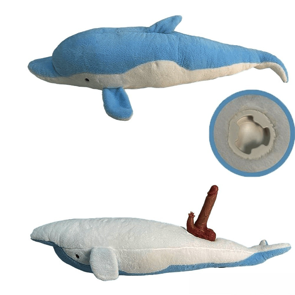 BlissEntry blue dolphin plush sex toy shown from both sides with its concealed insert port