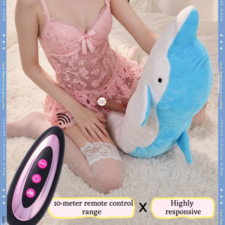 BlissEntry dolphin plush sex toy with wireless remote control in a seated lifestyle scene