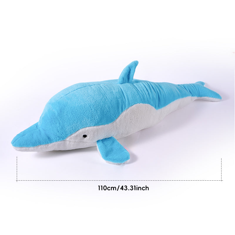 BlissEntry blue dolphin plush sex toy size guide showing a length of 110 centimeters