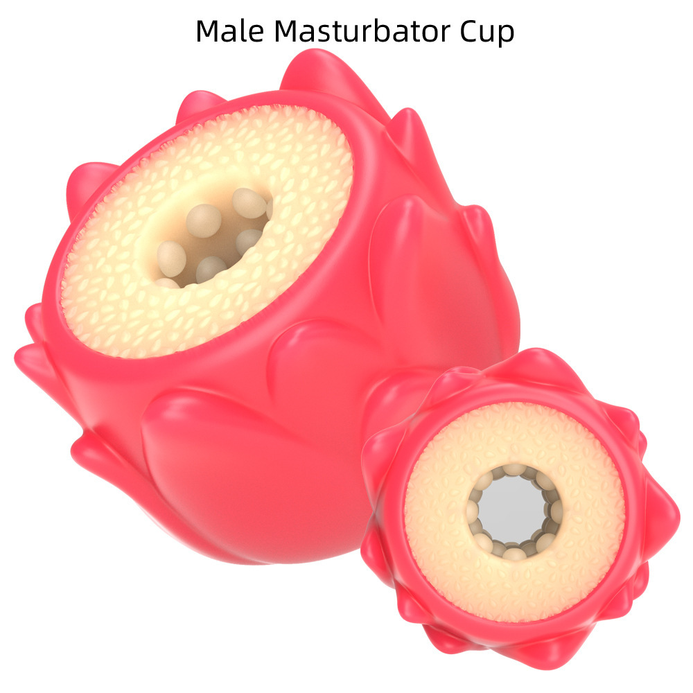 Red dragon-fruit-shaped manual male masturbator cup with textured inner channel