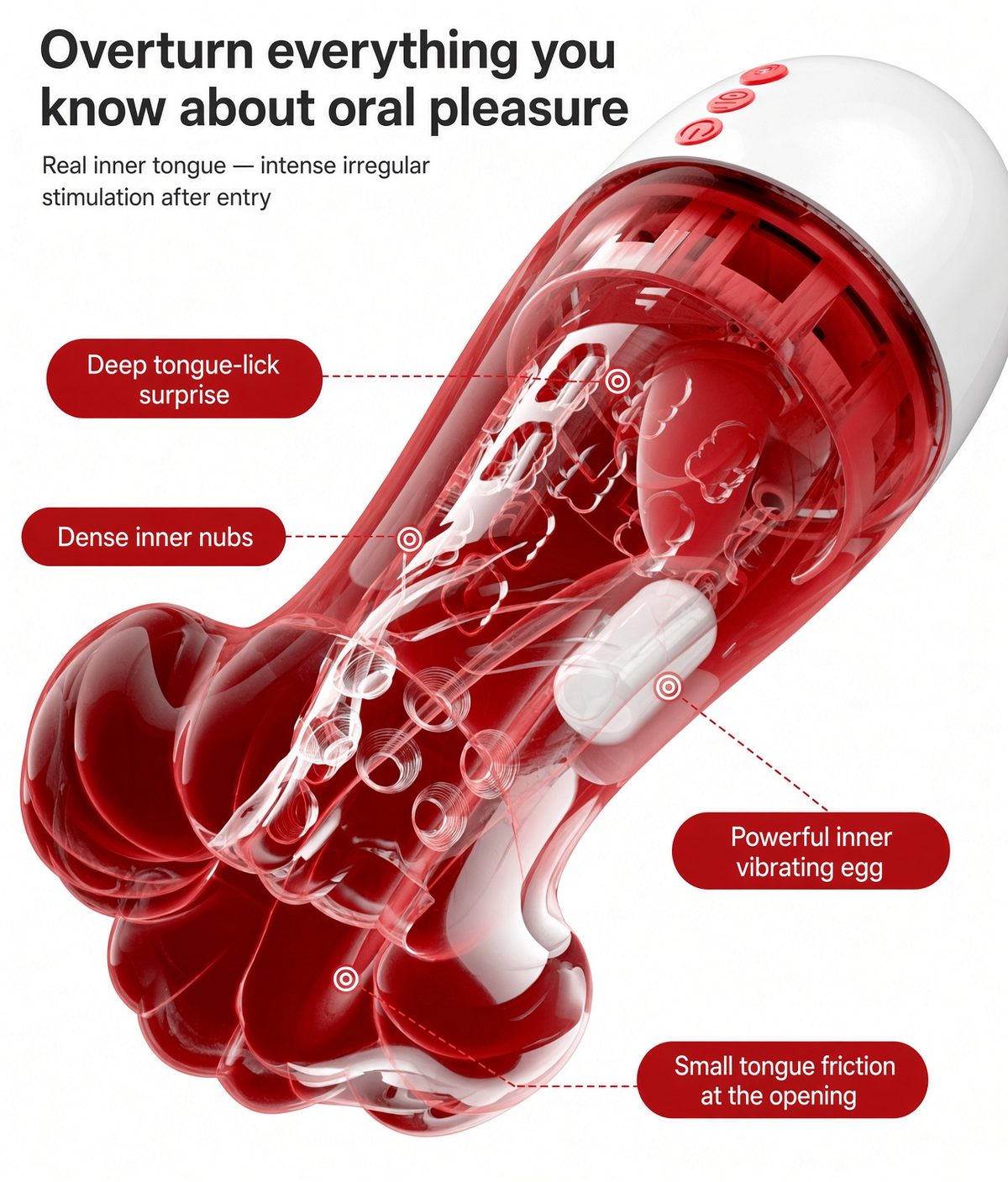 KissPulse oral-style male masturbator showing tongue-style motion, inner nubs, vibration and textured opening