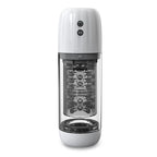 Black and clear waterproof rotating masturbator cup with textured inner sleeve