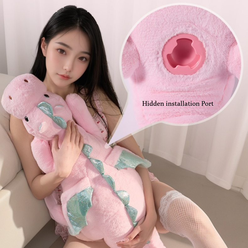 BlissEntry pink dragon plush sex toy with a close-up of the concealed installation port