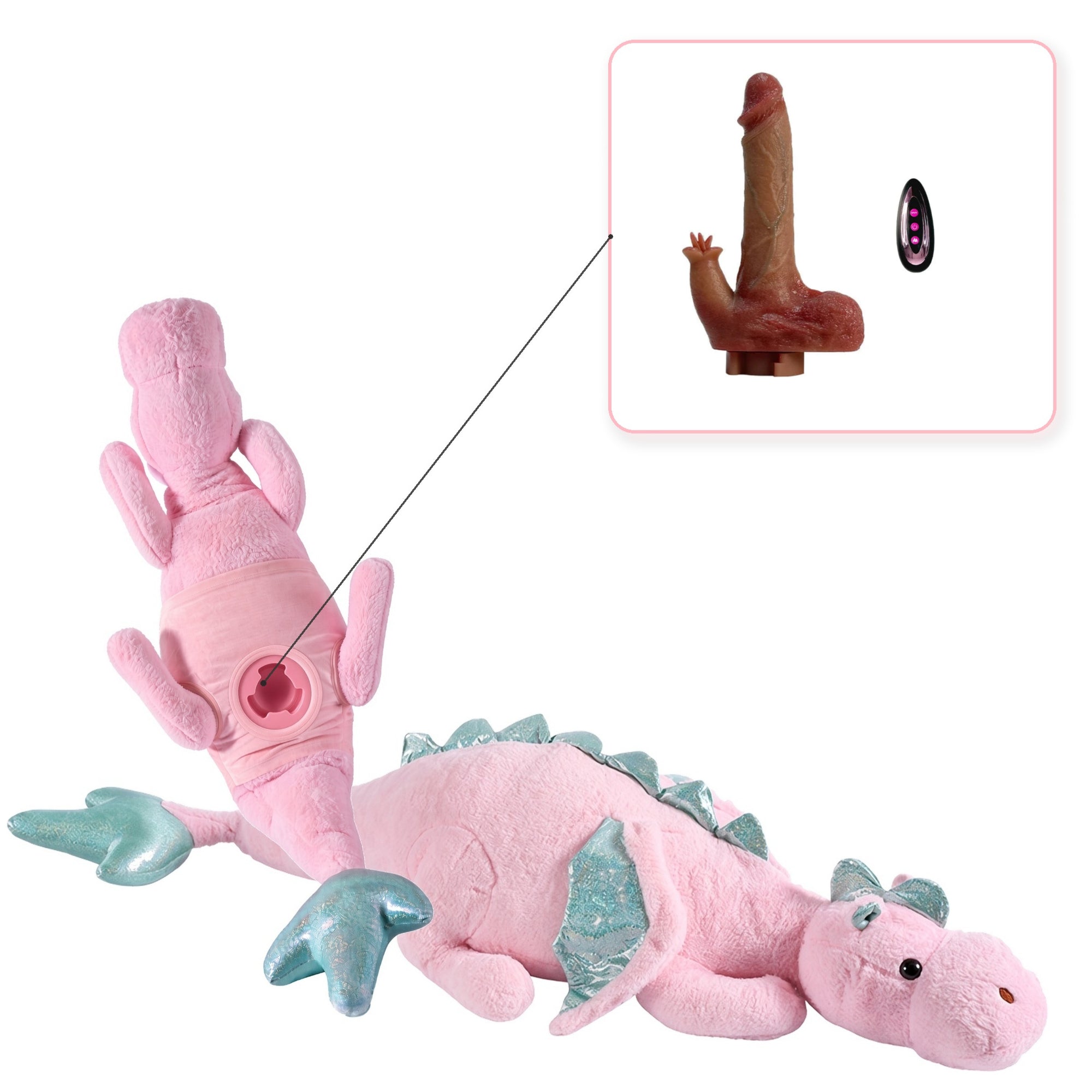 BlissEntry pink dragon plush sex toy with hidden vibrating dildo and wireless remote
