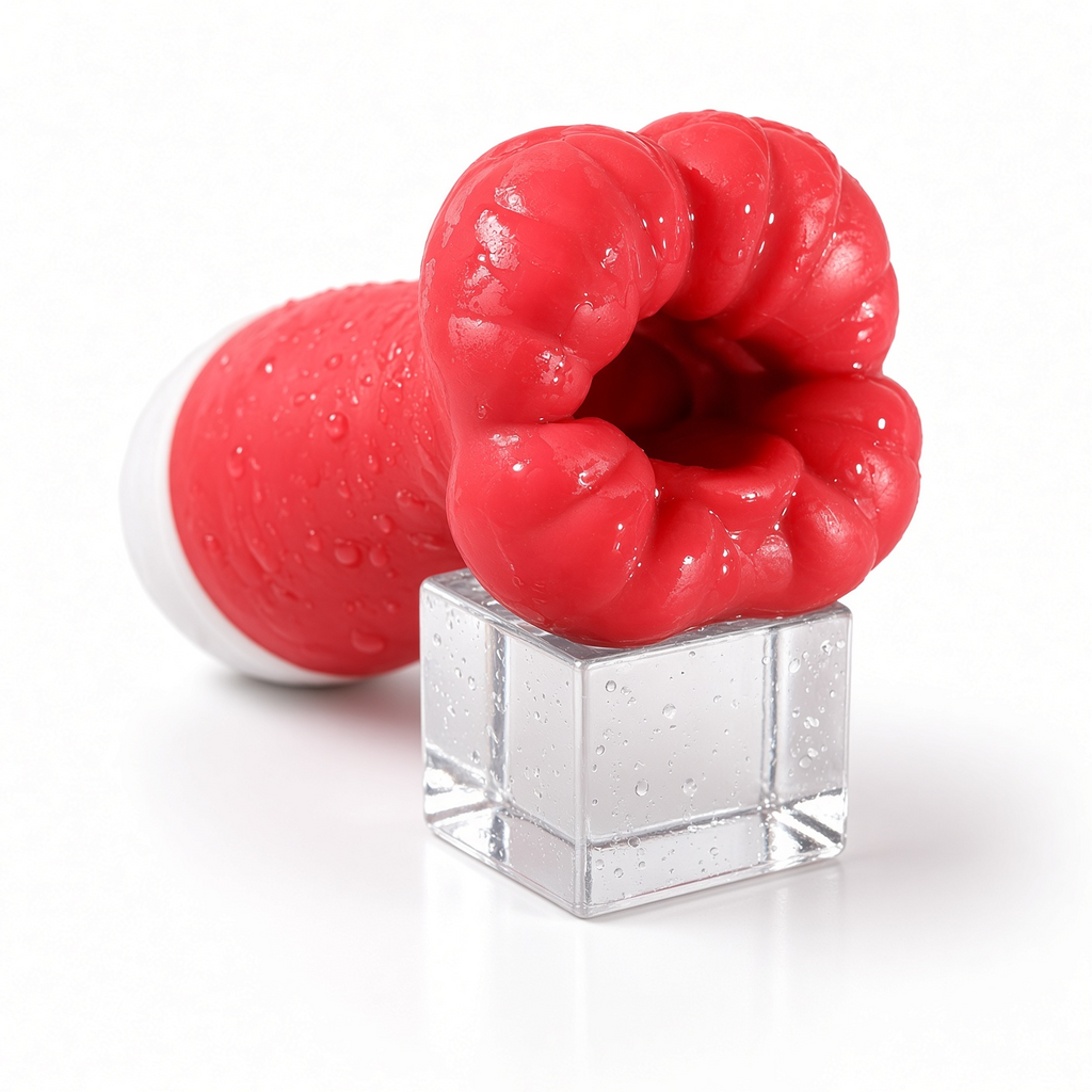 Close-up of soft red textured opening on BlissEntry male masturbator