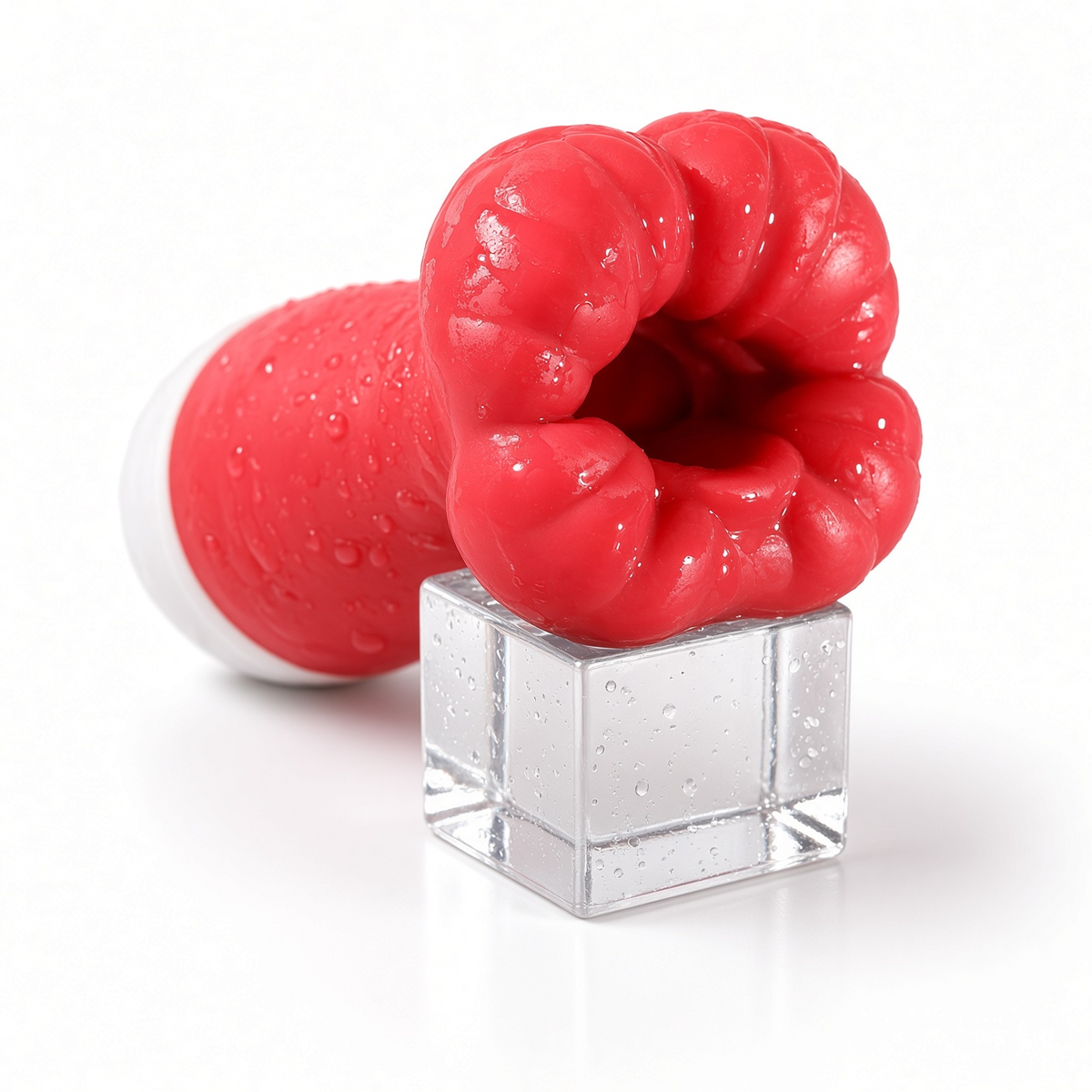 Close-up of soft red textured opening on BlissEntry male masturbator