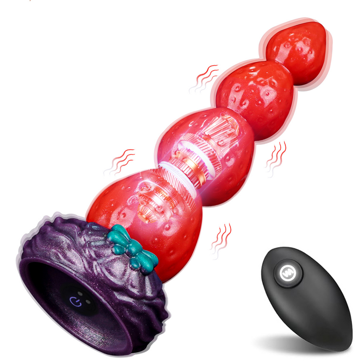 Red strawberry-shaped beaded anal vibrator with flared base and wireless remote control