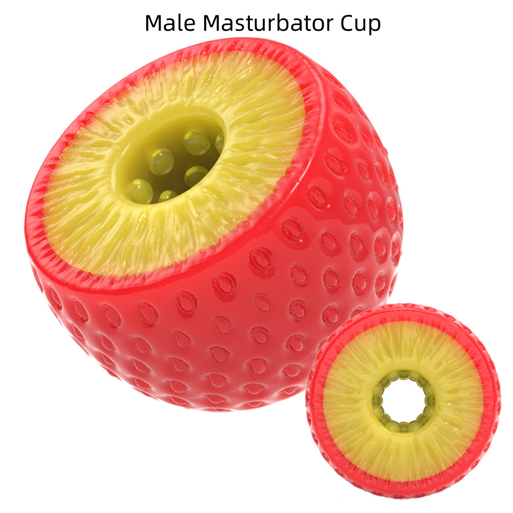 Red strawberry-shaped manual male masturbator cup with textured inner channel