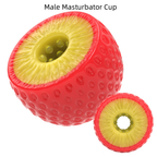 Red strawberry-shaped manual male masturbator cup with textured inner channel