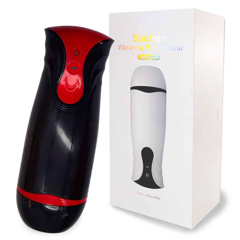 Black and red rechargeable suction and vibration male masturbator with retail box