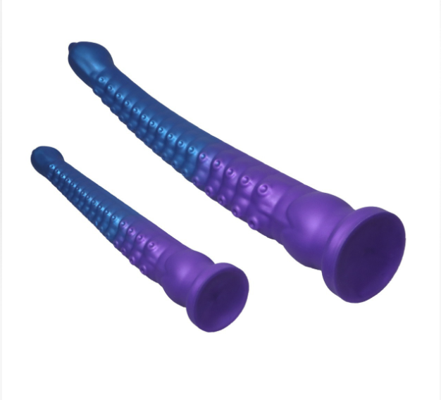 Small and large blue-purple textured dildos showing suction cup bases and raised texture