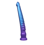 Front view of blue-purple textured dildo showing raised circular and ribbed texture