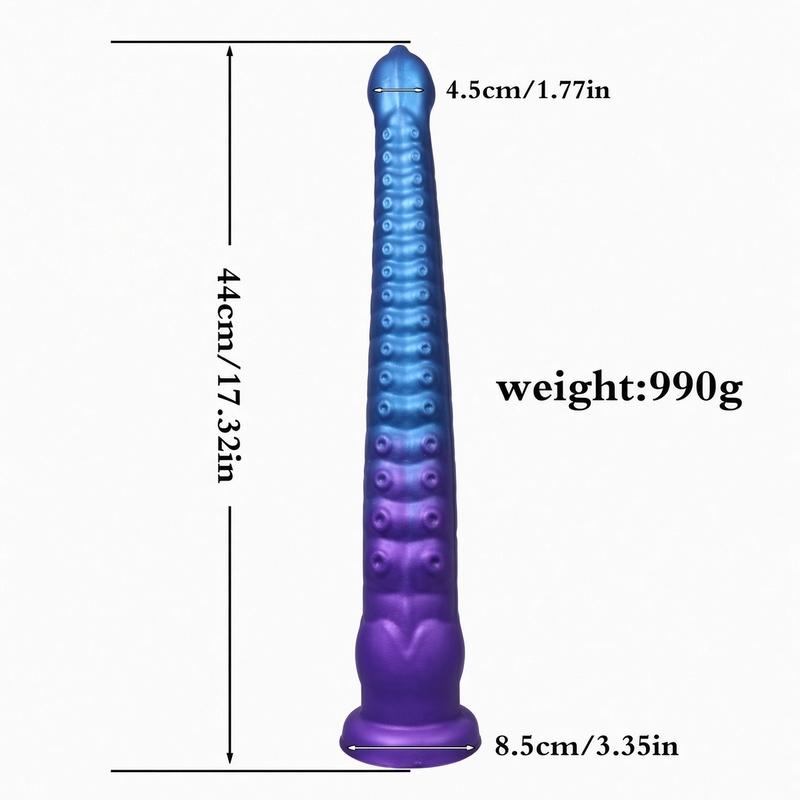 Large blue-purple textured silicone dildo size chart showing 17.32 in height, 1.77 in head width, 3.35 in suction cup base width, and 990 g net weight