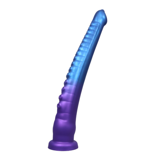 Side view of curved blue-purple textured dildo with suction cup base