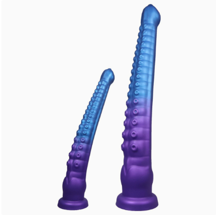 Blue-purple textured dildo in small and large sizes on a white background