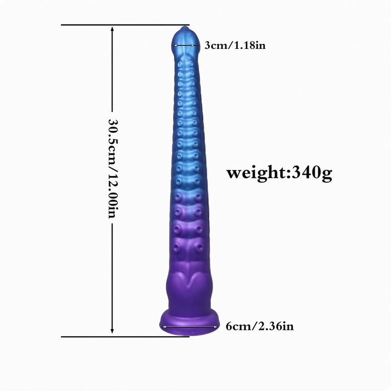 Small blue-purple textured silicone dildo size chart showing 12.00 in height, 1.18 in head width, 2.36 in base width, and 340 g weight