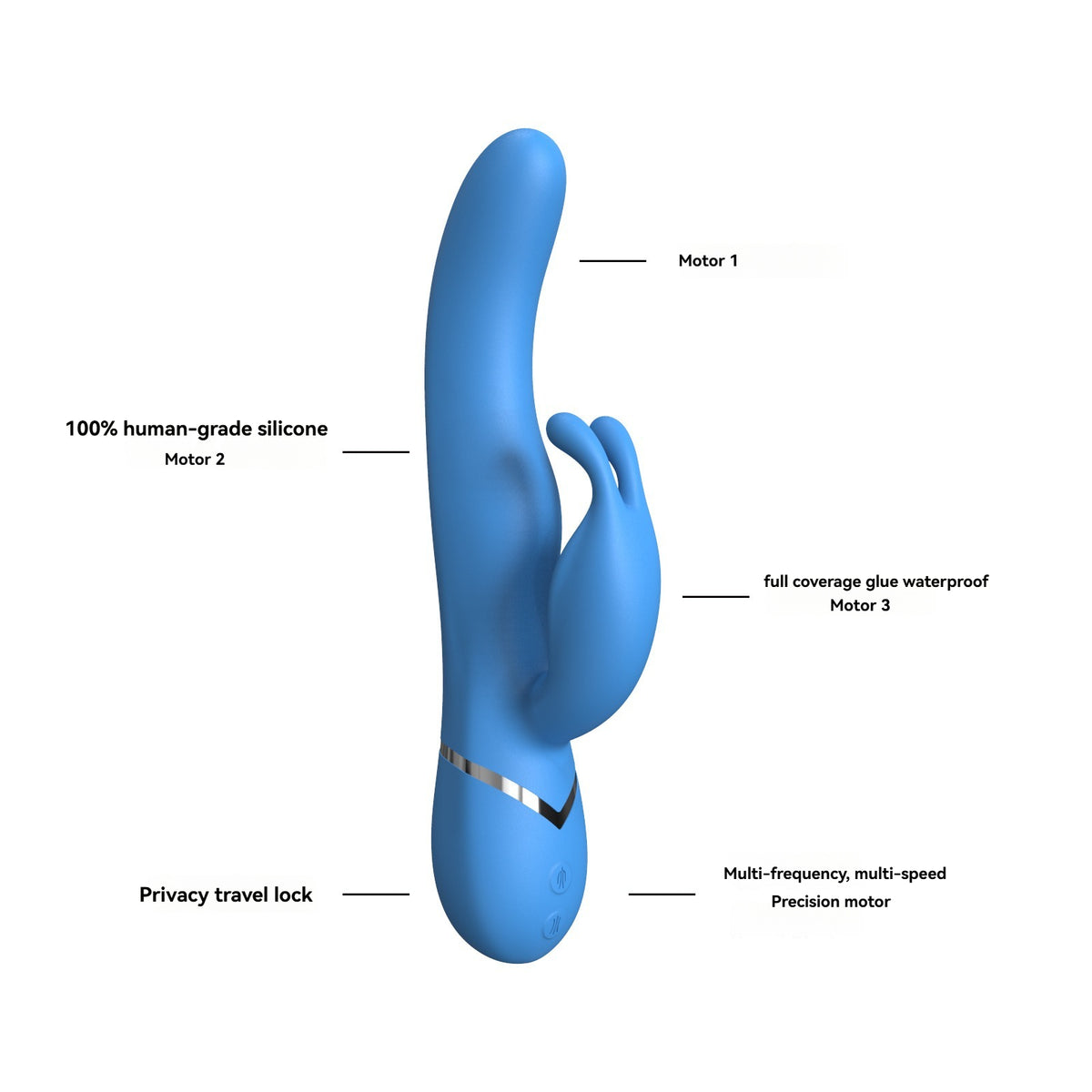 Blue rabbit vibrator English feature callouts for silicone body, charging, and controls