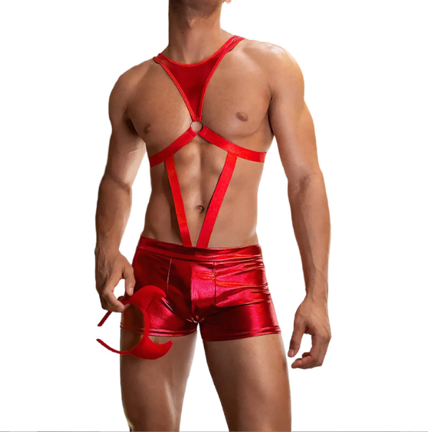 Male Sexy Tight Leather Bodysuit With Devil Horn Headpiece