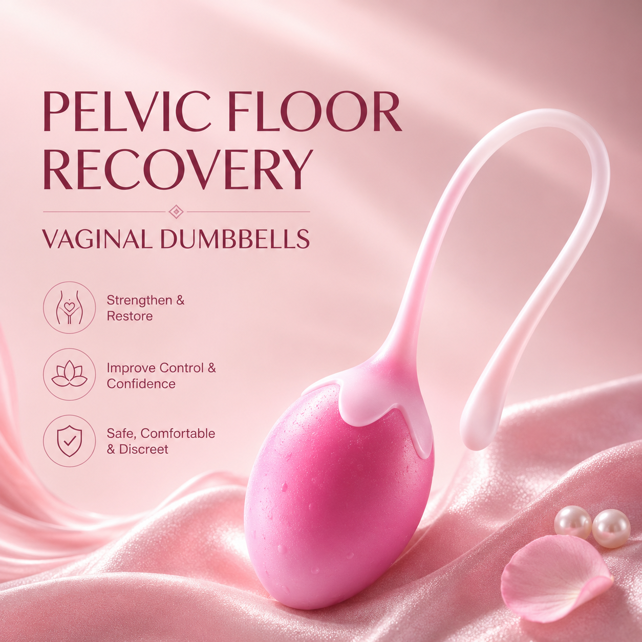 Pink strawberry kegel balls with medical silicone pelvic floor trainer packaging