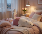 Plush Bear Pillow Automatic Thrusting Dildo on a bed, designed for ultimate discretion and dual-purpose use.