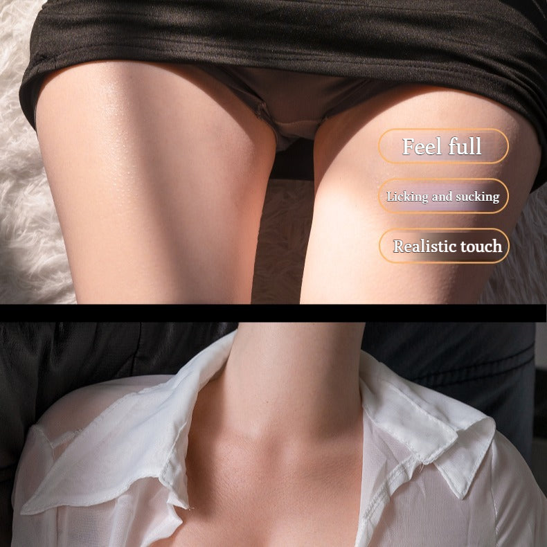 Clothed silicone torso doll showing realistic thigh and chest contours.