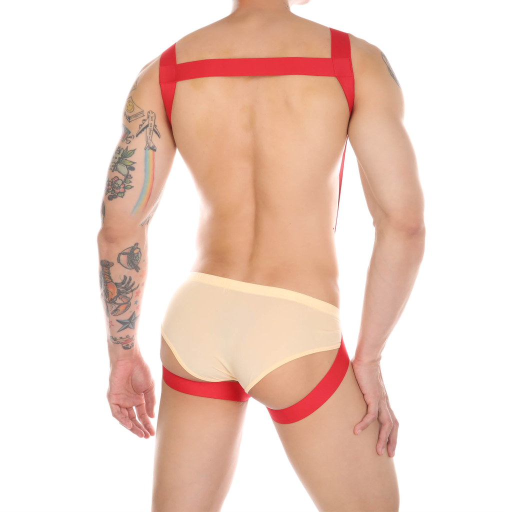 Men's cross strap body harness in red back – actual product photo