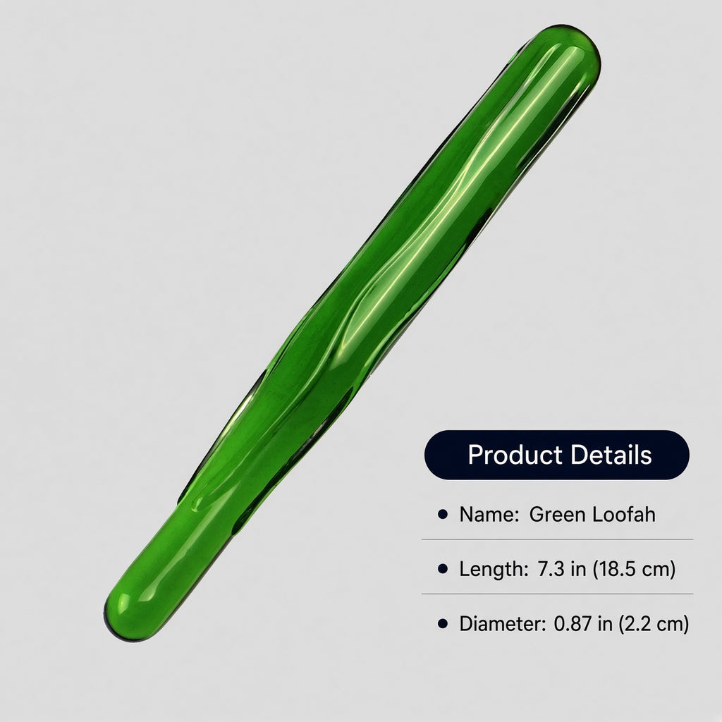 Green loofah borosilicate glass dildo size details - Small