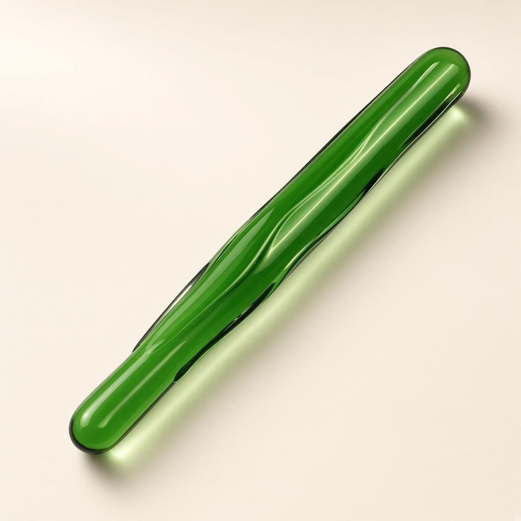 Green loofah borosilicate glass dildo studio display