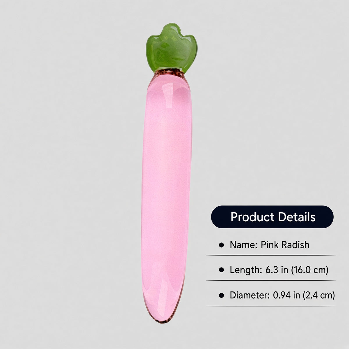Pink radish borosilicate glass dildo size details - Medium