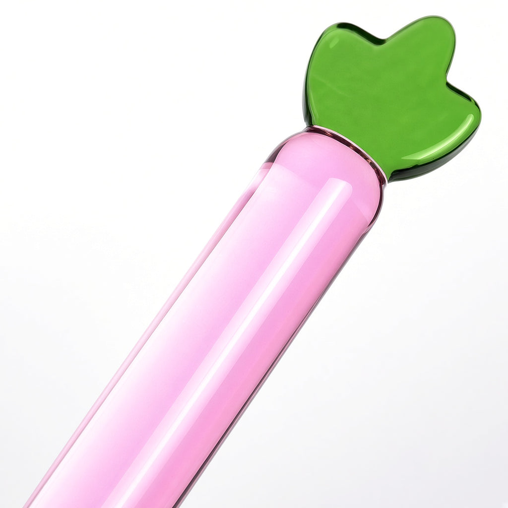Pink radish borosilicate glass dildo green top detail