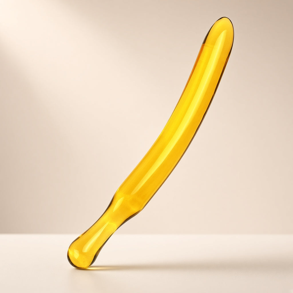 Golden banana borosilicate glass dildo curved studio display