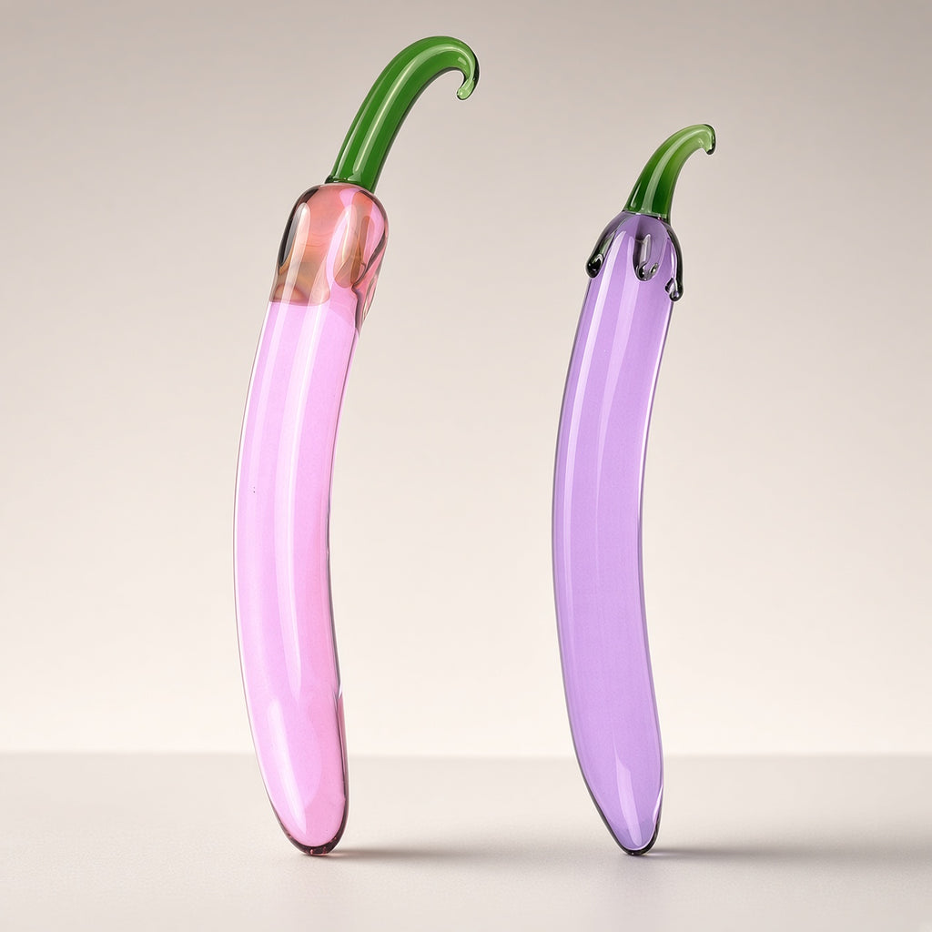 Pink shorter and purple longer eggplant borosilicate glass dildo comparison