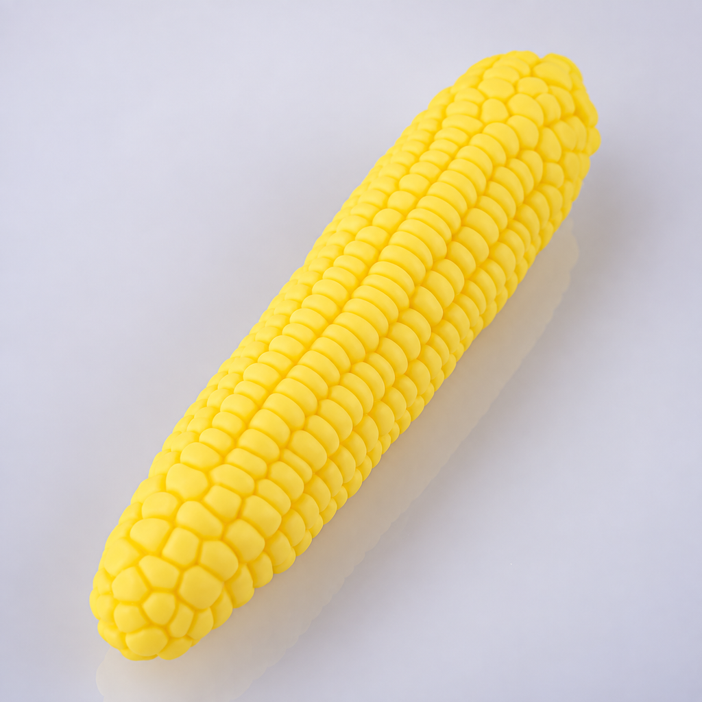 Yellow corn-texture silicone dildo angled detail view on a light studio background