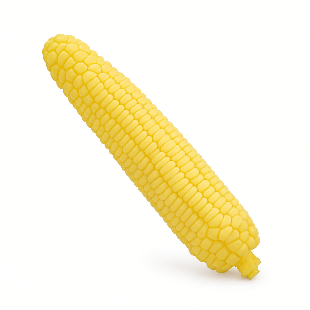 Yellow corn-texture silicone dildo on a clean white background