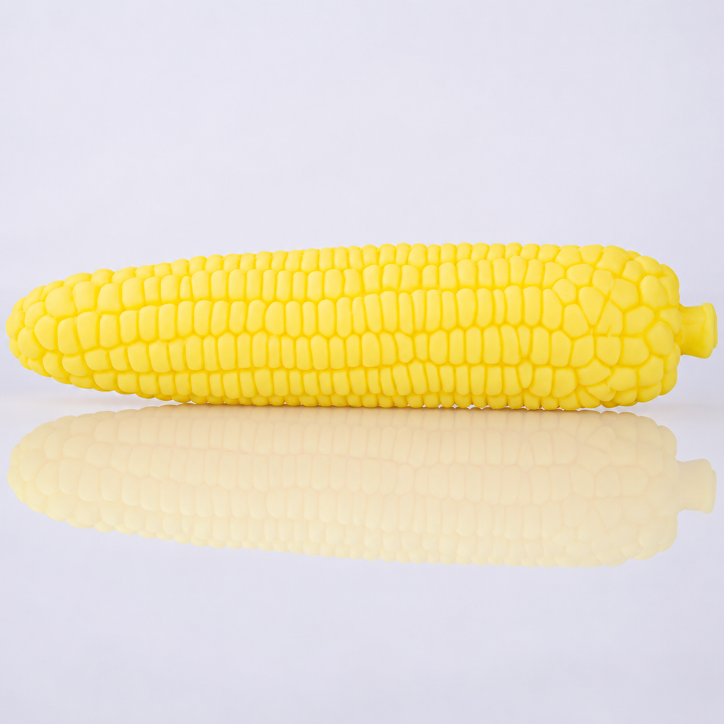 Yellow corn-texture silicone dildo side profile on a light studio background