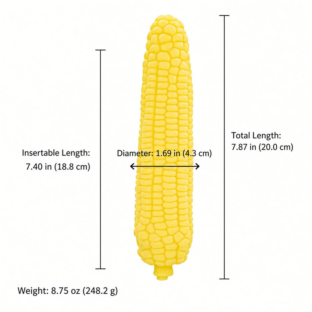 Yellow corn-texture silicone dildo size chart with total length 7.87 inches and weight 8.75 ounces