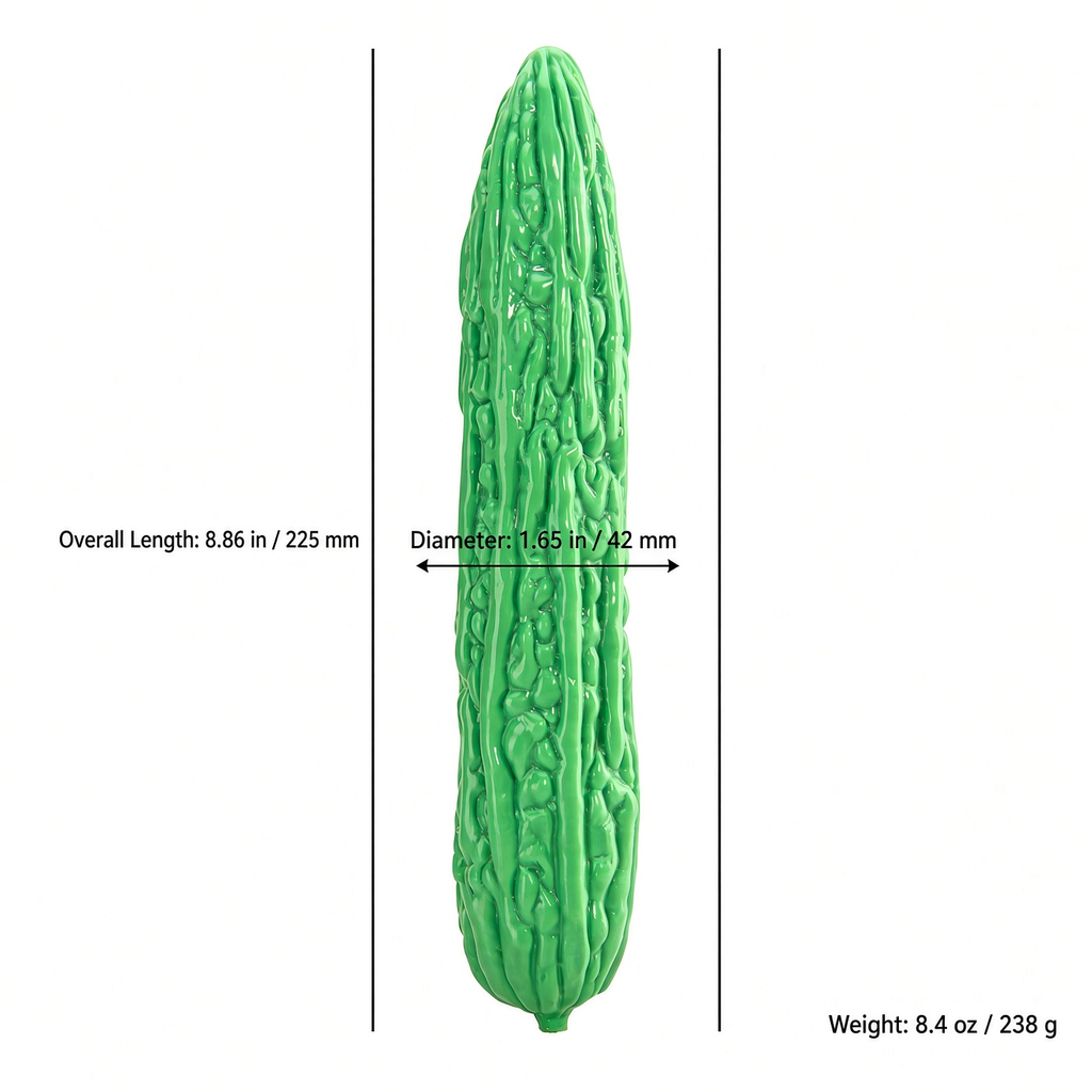 Bitter melon silicone dildo size chart: 8.86 inch length, 1.65 inch diameter, 8.4 ounce weight