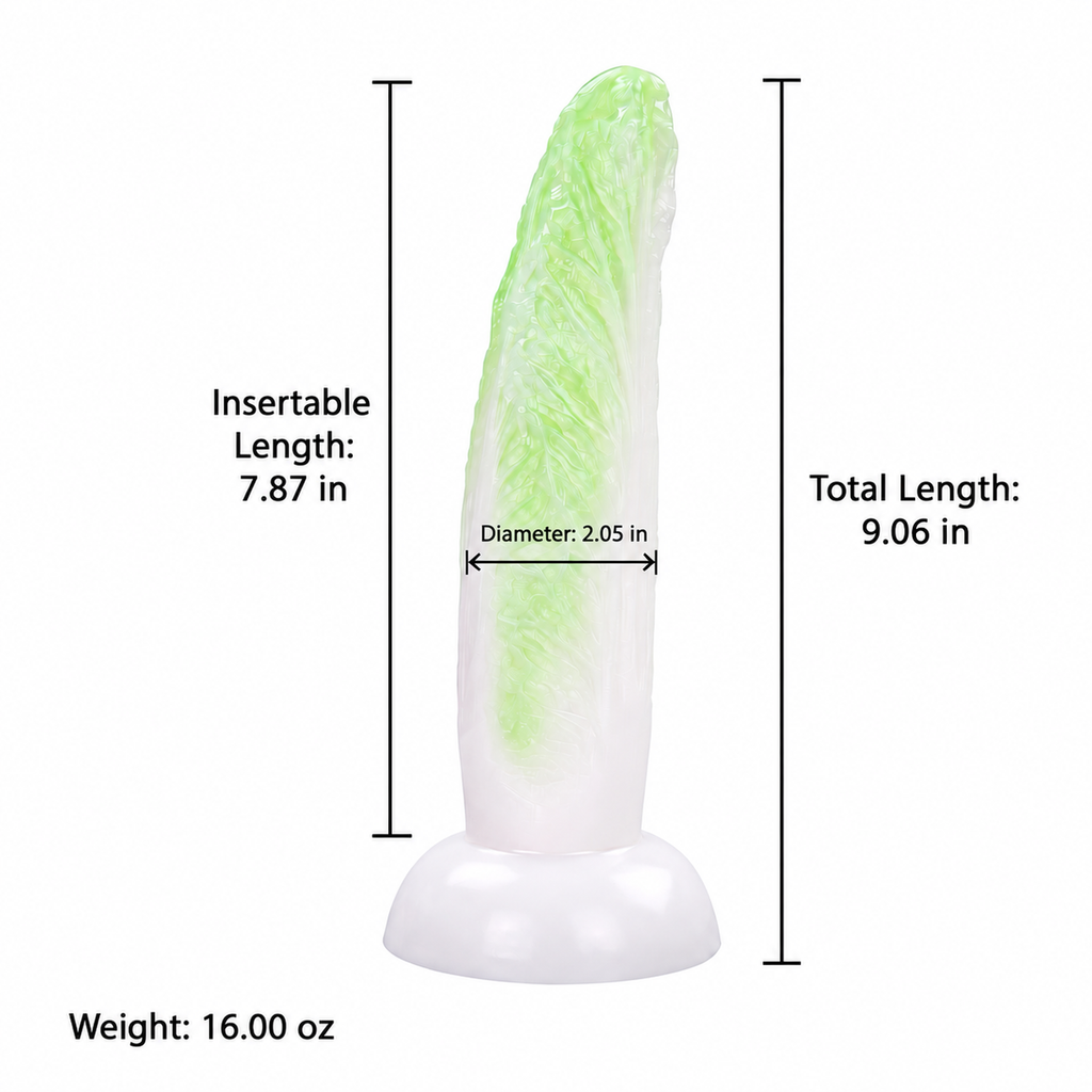 Cabbage-texture silicone dildo size chart showing total length, insertable length, diameter, and weight