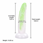 Cabbage-texture silicone dildo size chart showing total length, insertable length, diameter, and weight