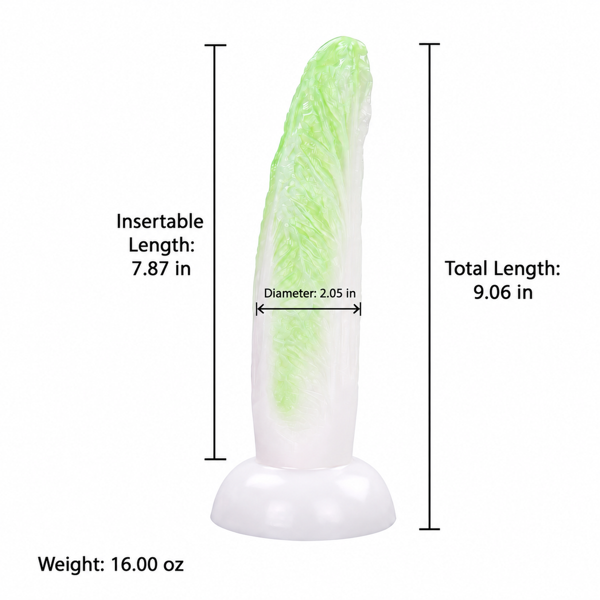 Cabbage-texture silicone dildo size chart showing total length, insertable length, diameter, and weight